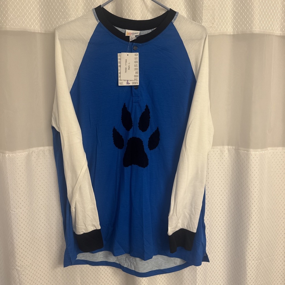 Lularoe Shirt Mark Large NWT Paw Print Blue Long Sleeve Buttons LR262